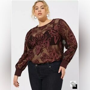 Torrid Mesh With Embroidery Long Sleeve Blouse